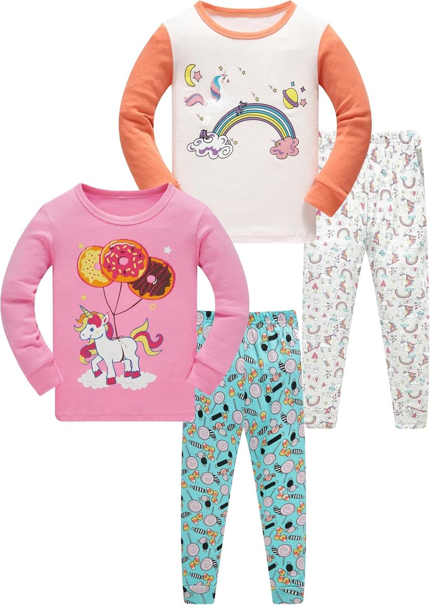 100% katoen, pyjama voor kinderen, slaapkleding, lange mouwen, 4-delige set, 1-12 jaar