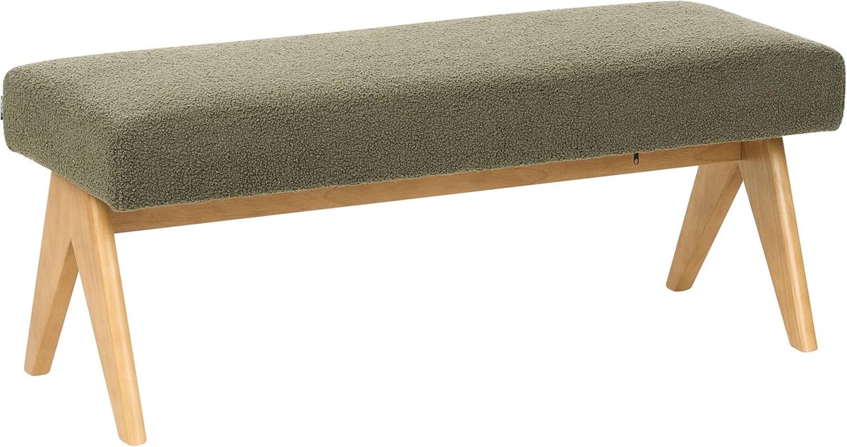Retro hal bank bouclé gestoffeerd houten poten groen lichtbruin Tamre