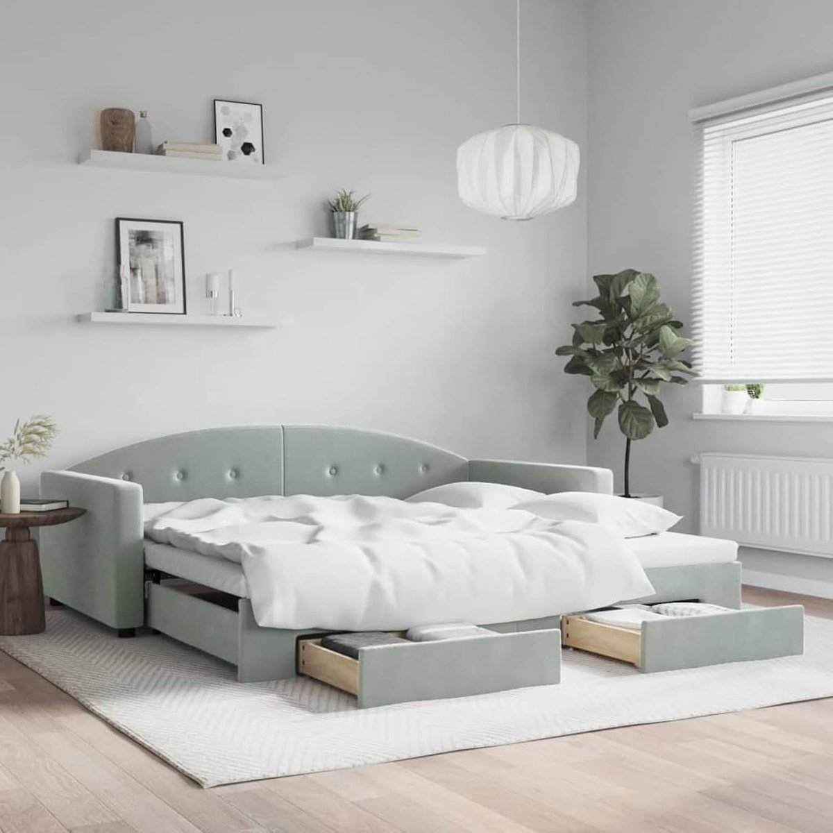 Uittrekbare slaapbank, laden, lichtgrijs, 100 x 200 cm, fluweel, uittrekbaar bed, slaapbank van hout, intrekbare slaapbank, slaapbank met lattenbodem