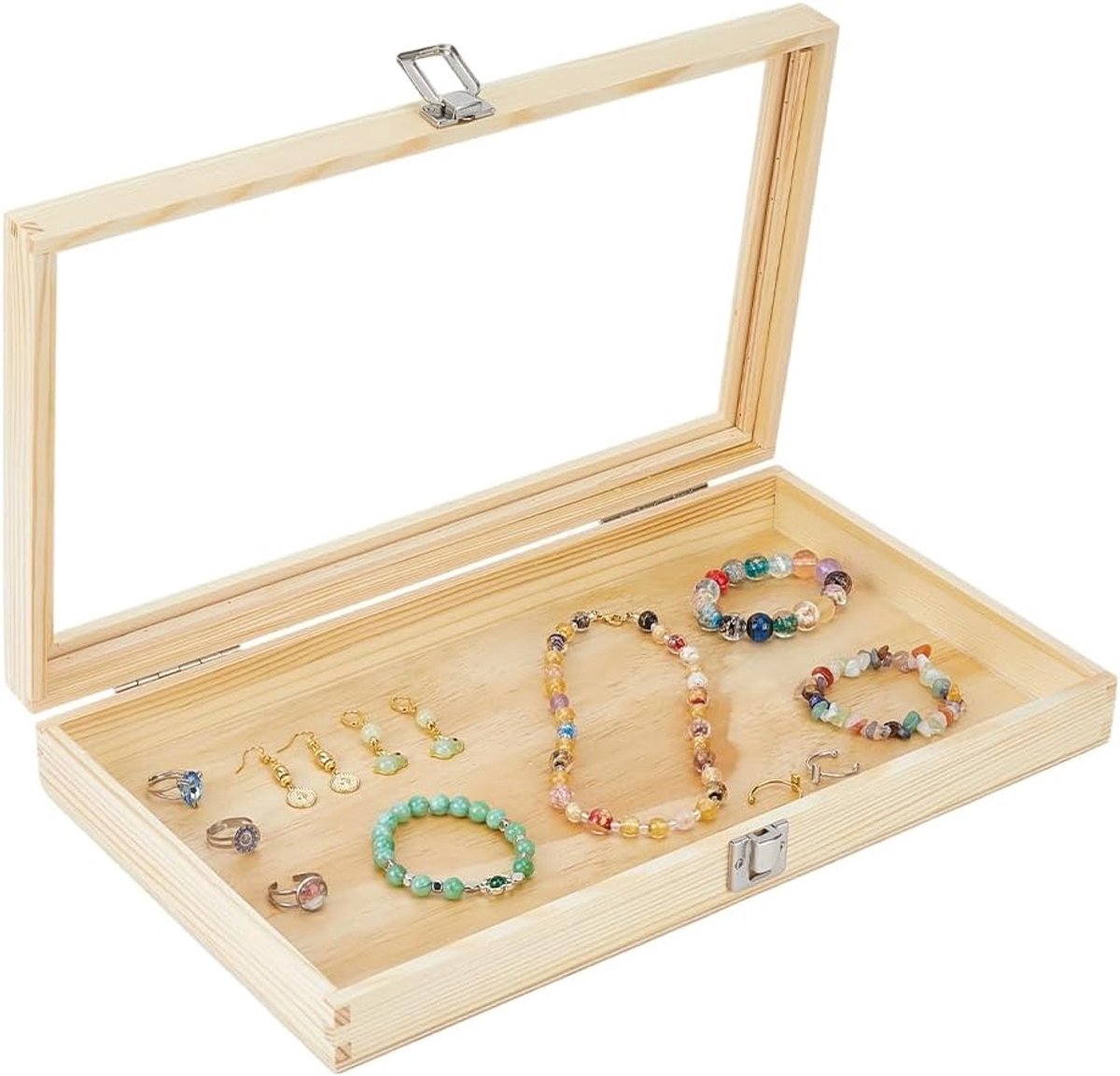 Dailygoods- Sieradenvitrine - Houten Presentatiedoos - Glazen Deksel - 38 x 22 x 5,7 cm - Royale Ruimte voor Sieraden - Elegant Design in Geblancheerd