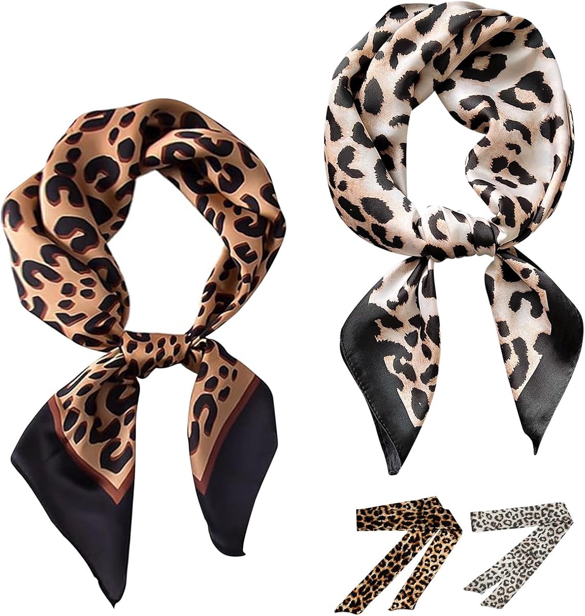 Dailygoods- Sjaals Set van 2 - Satijnen Sjaals 70 x 70 cm - Lange Damessjaals 4 x 90 cm - Luipaardprint - Hoofddoek/Neckscarf - Modieus Accessoire