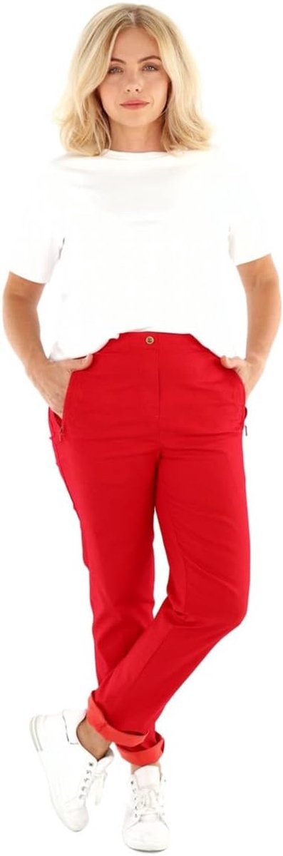 Dames chinobroek van katoen met elastische tailleband en knoop, elastische broek met zakken en borduurwerk, maten 36-54, in rood, groen of turquoise