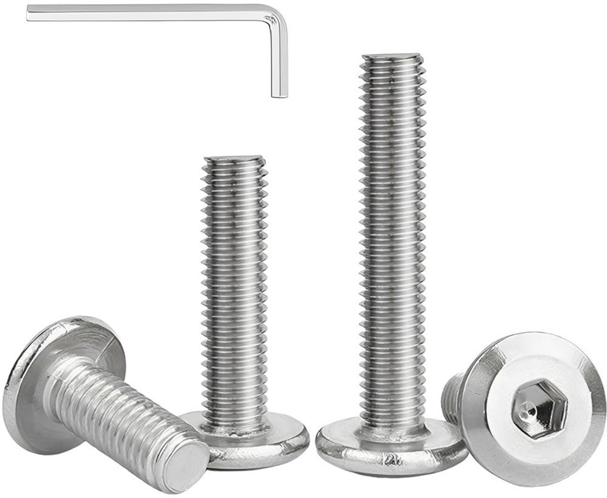 10 Stuks Platte Kop Zeskant Inbus Schroeven - M6 x 10mm Meubel Zeskantschroeven 304 Roestvrij Staal Volledig Gedraaide Machine Verbinding Bouten met Inbussleutel voor Bed- en Houten Meubels