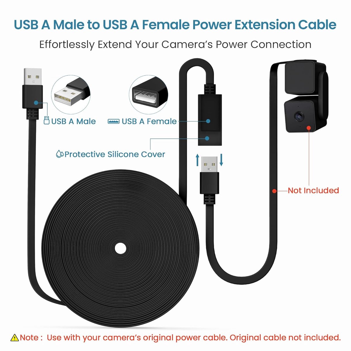 Platte USB A Verlengkabel voor Beveiligingscamera's 6M 2Pack,Zwart