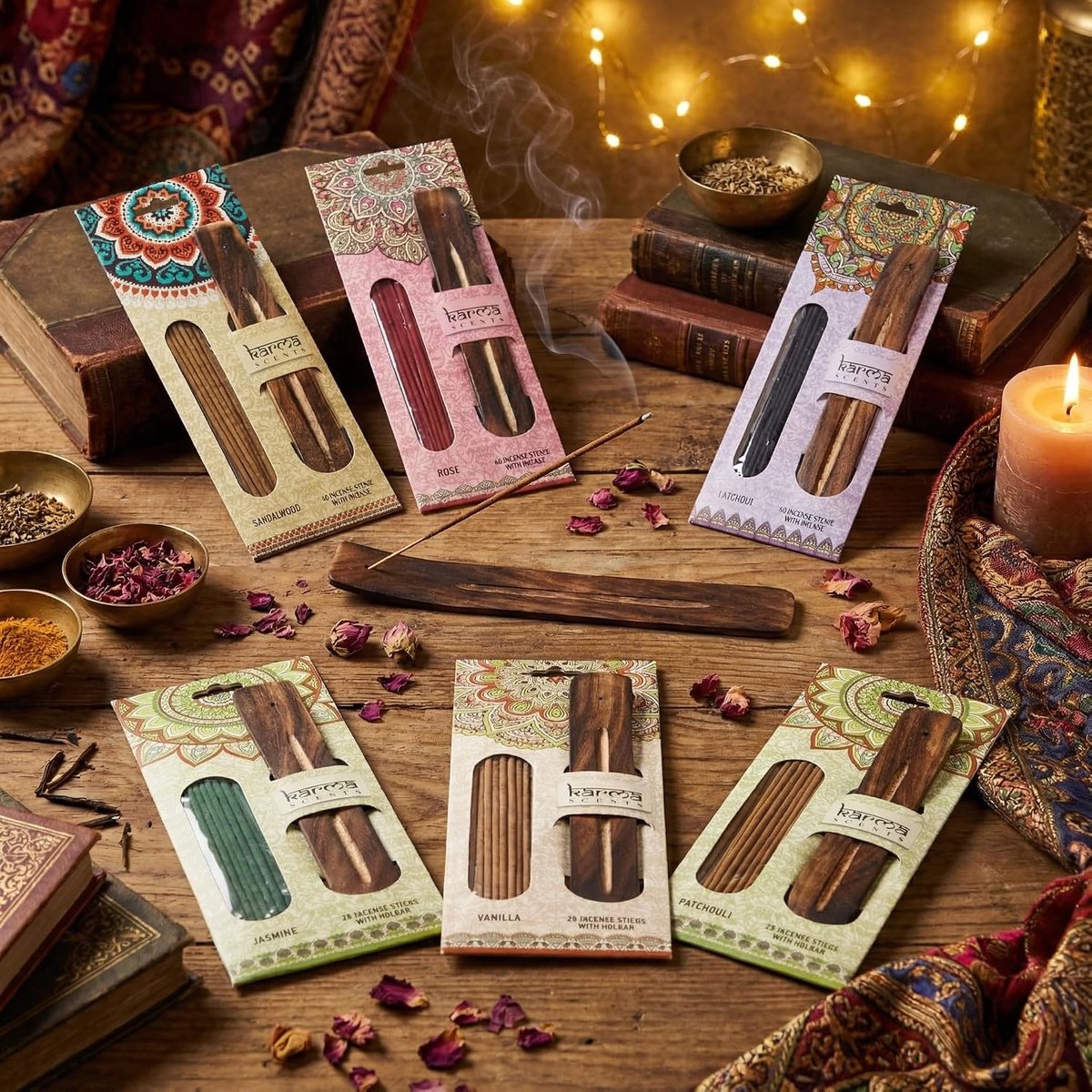 Dailygoods- Wierookstokjes set 126-delig - Houten houder - Handopgerold uit India - 6 geuren: sandelhout/roos/vanille/jasmijn/patchouli/lavendel - Voo