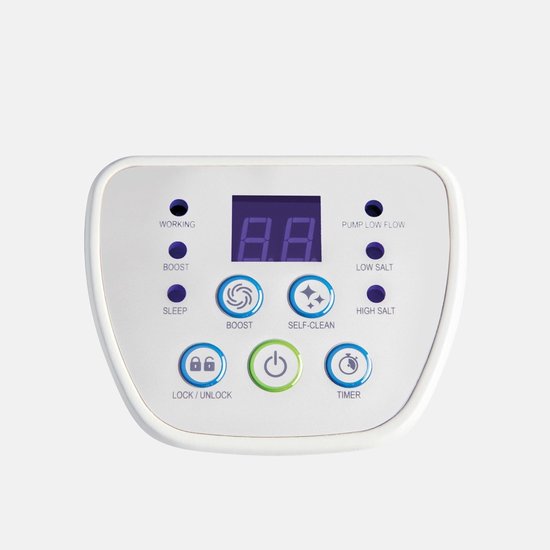 Bedieningspaneel van Intex zoutwatersysteem met display, indicatielampjes en knoppen: 'WORKING', 'PUMP LOW FLOW', 'SLEEP', 'BOOST', 'SELF-CLEAN', 'LOW SALT', 'HIGH SALT', 'LOCK/UNLOCK', 'TIMER' en aan/uit.