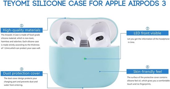 Siliconen hoesje compatibel met Airpods 3 met reinigingsset, beschermhoes compatibel met Apple Airpods 3 met sportband, zachte hoes (lichtblauw) — afbeelding 5