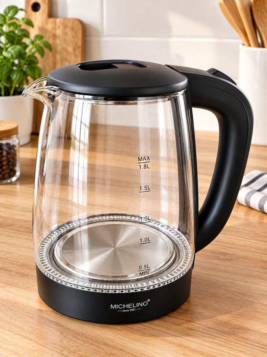 MICHELINO Glazen Waterkoker 1,8 L – 1800 W – LED Verlichting – 360° Draaibare Voet – Automatische Uitschakeling- Zwart