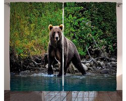 ABAKUHAUS Cabin Gordijnen, Grizzly Bruin Beer in een Meer Alaska met Untouched Bos en Jungle Geïnspireerd door De Schoonheid van Wild, 2-del