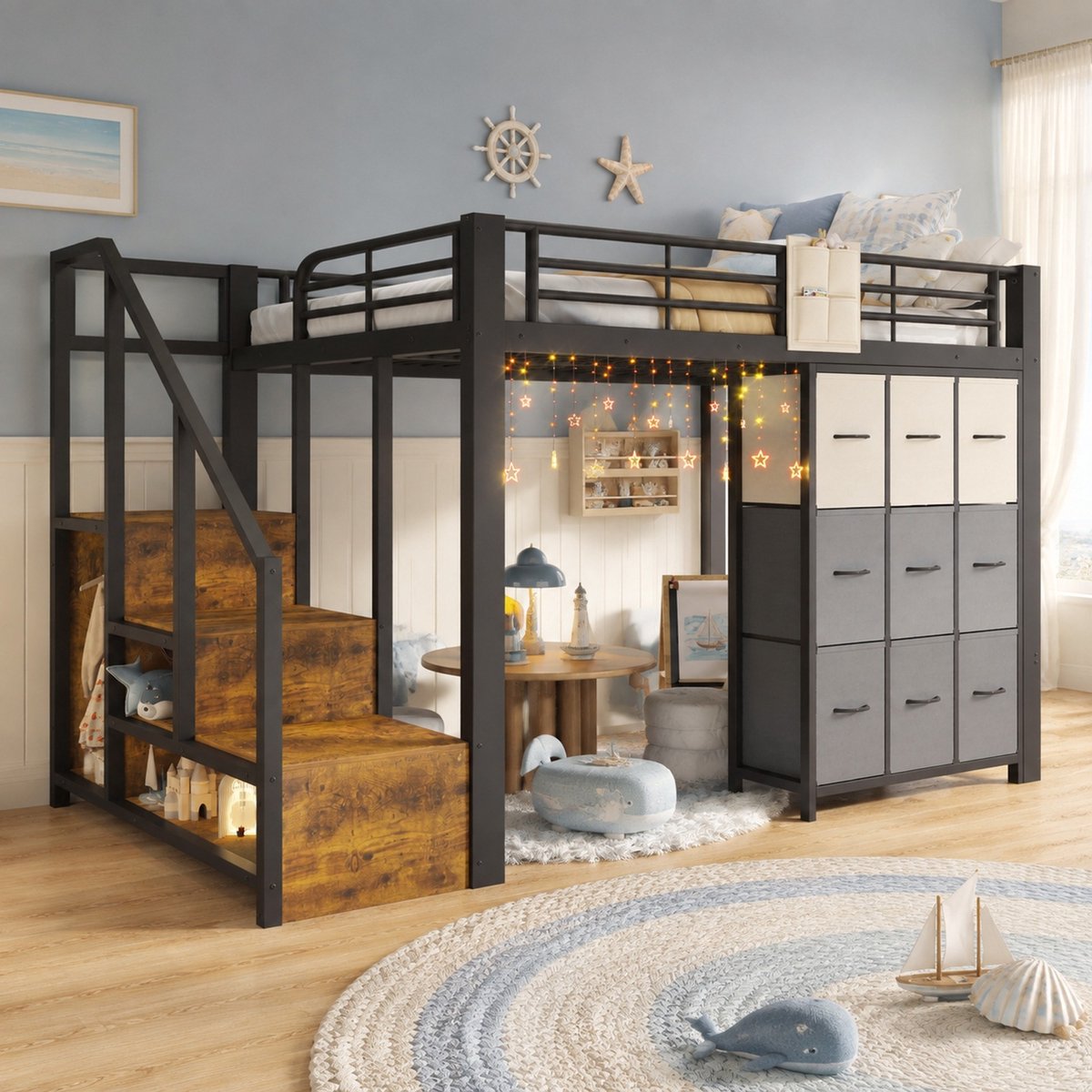 WUVRIE Hoogslaper 140x200 cm met lades, kledingstang, opbergtrap en uitvalbeveiliging, zwart/wit