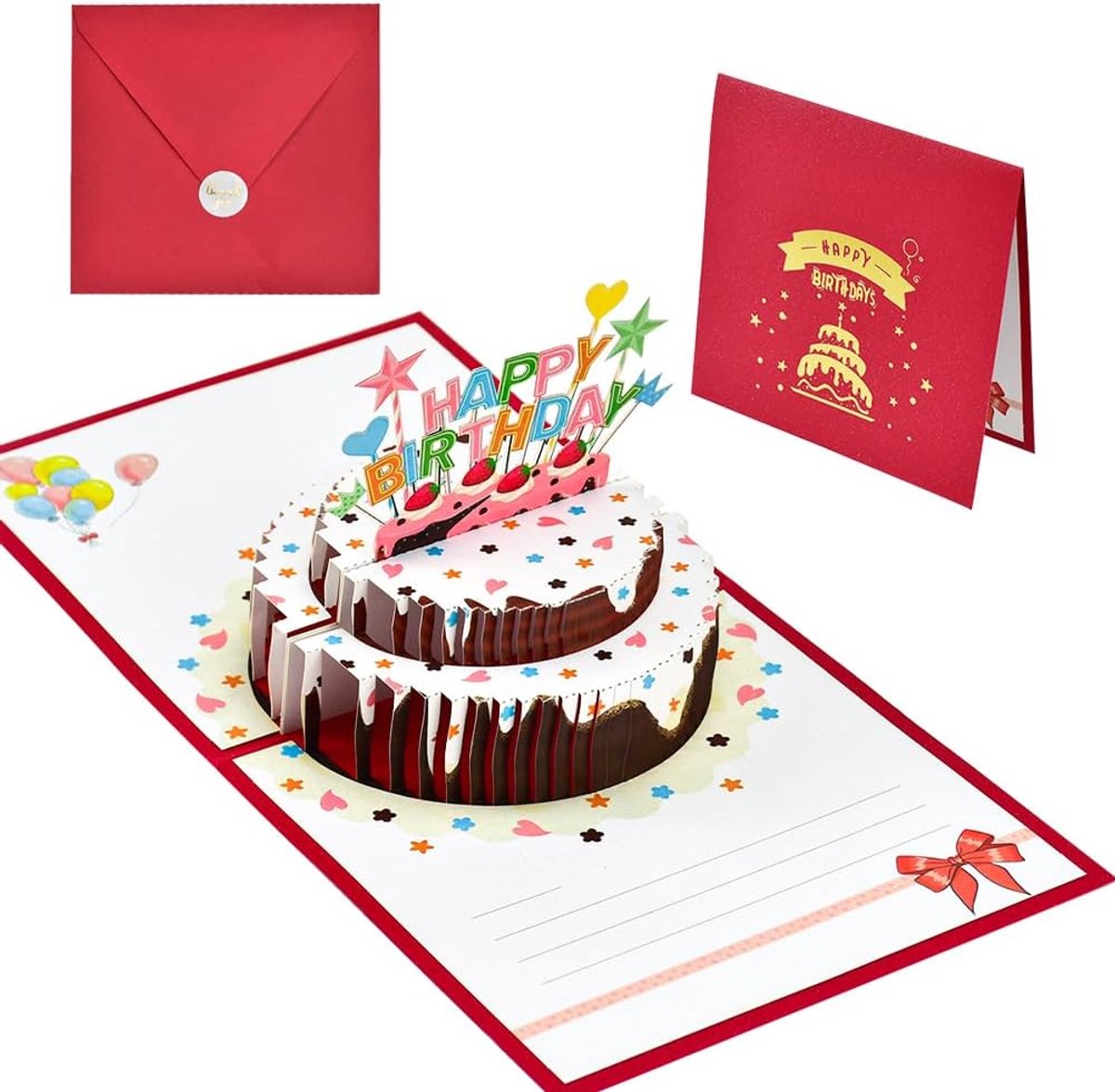 Verjaardagskaart 3D ansichtkaart verjaardag pop-up 3D pop-up wenskaart met stickers en envelop voor familie, vriend, kind (rood)