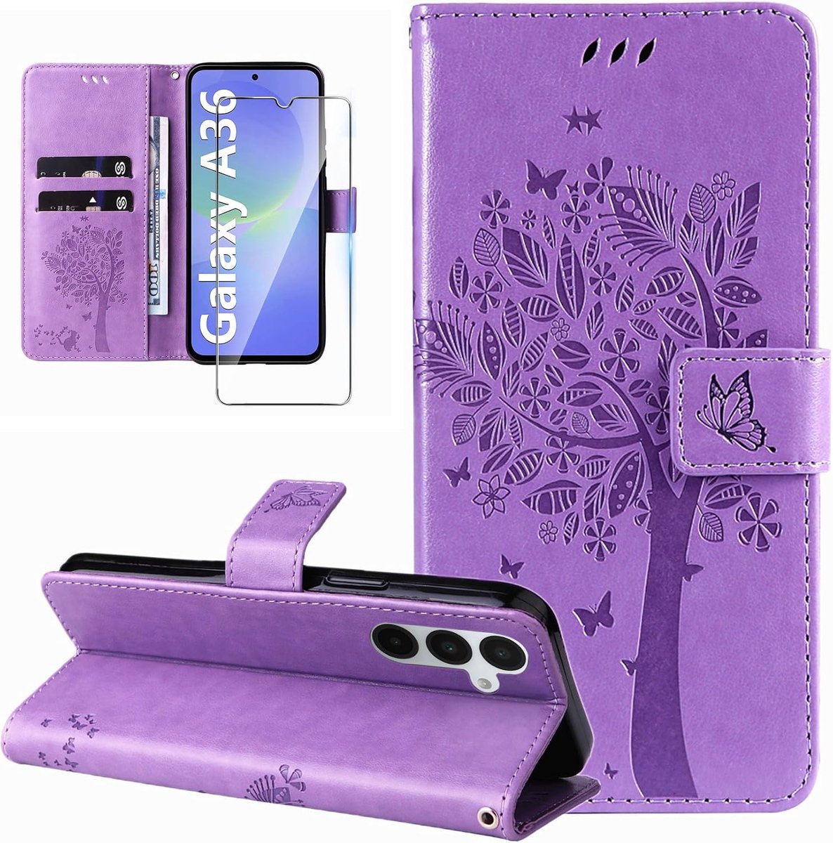 Beschermhoesje voor Samsung Galaxy A36 5G, beschermhoes van lederen portemonnee met displaybeschermfolie van gehard glas, kaartsleuven, flip case, stootvaste beschermhoes voor Samsung A36 5G