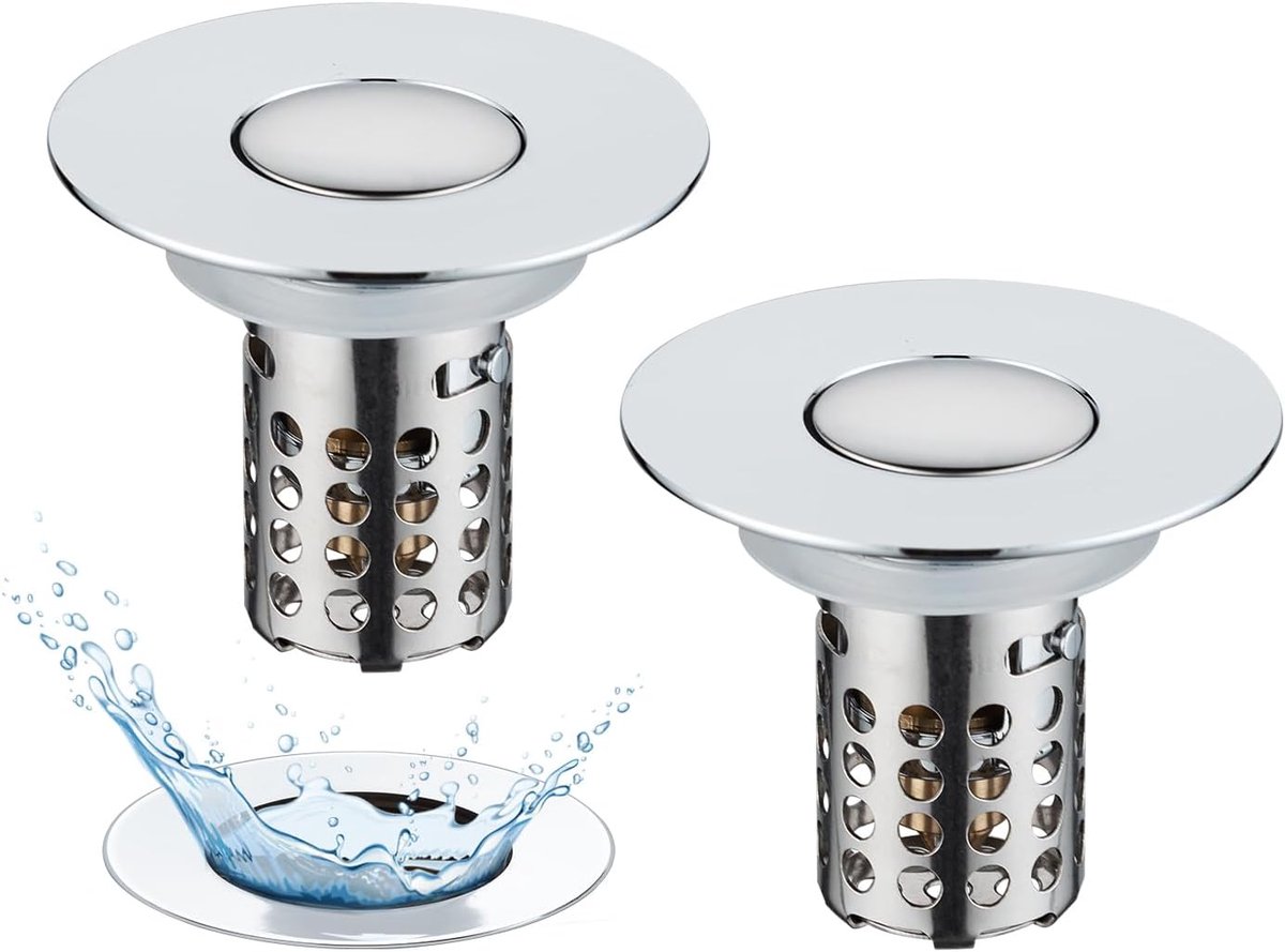 2 stuks afvoerzeef, pop-up 3-in-1 afvoerstop met zeef en afneembare roestvrijstalen filtermand, stop, wastafel stopper voor 28-58 mm wastafel, messing kogelkern, chroom