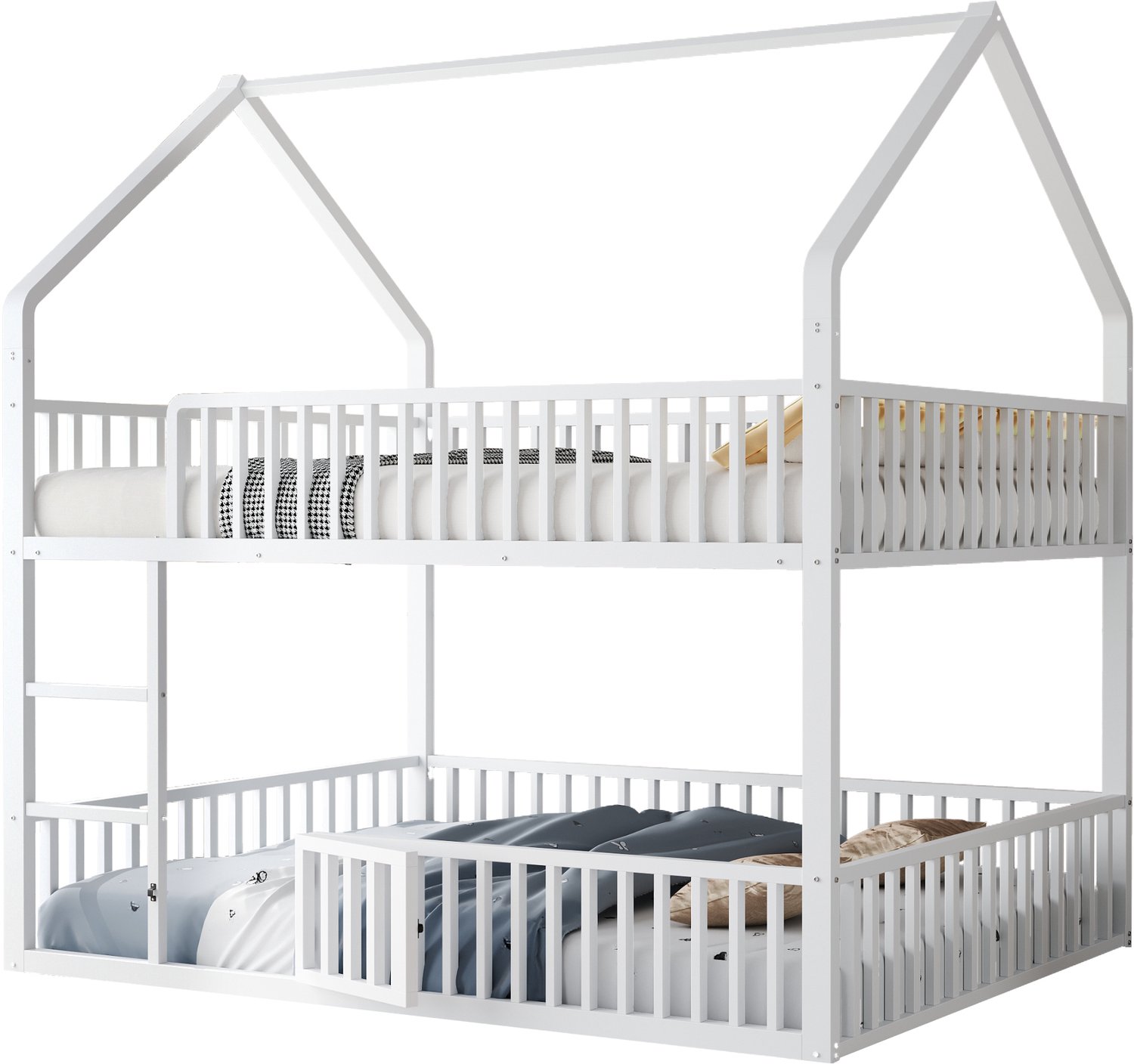 MUVANO Metalen stapelbed 140 x 200 cm - kinderbed met frontladder, huisvormig frame, veiligheidshekken en deur onderaan voor de slaapkamer, wit