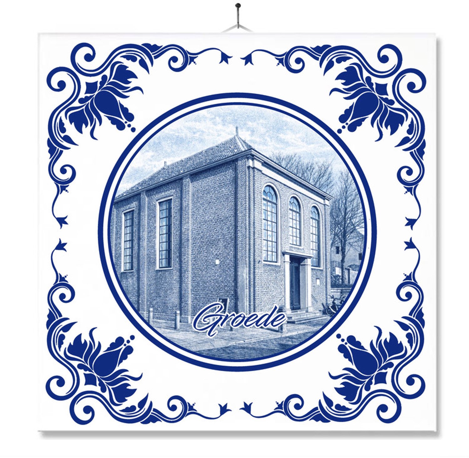 MC Living Tegel Met Opdruk | Groede | Delft Blauw | Cadeau | Inclusief Geschenkdoos | Standaard | Ophangsysteem Ontwerp 1
