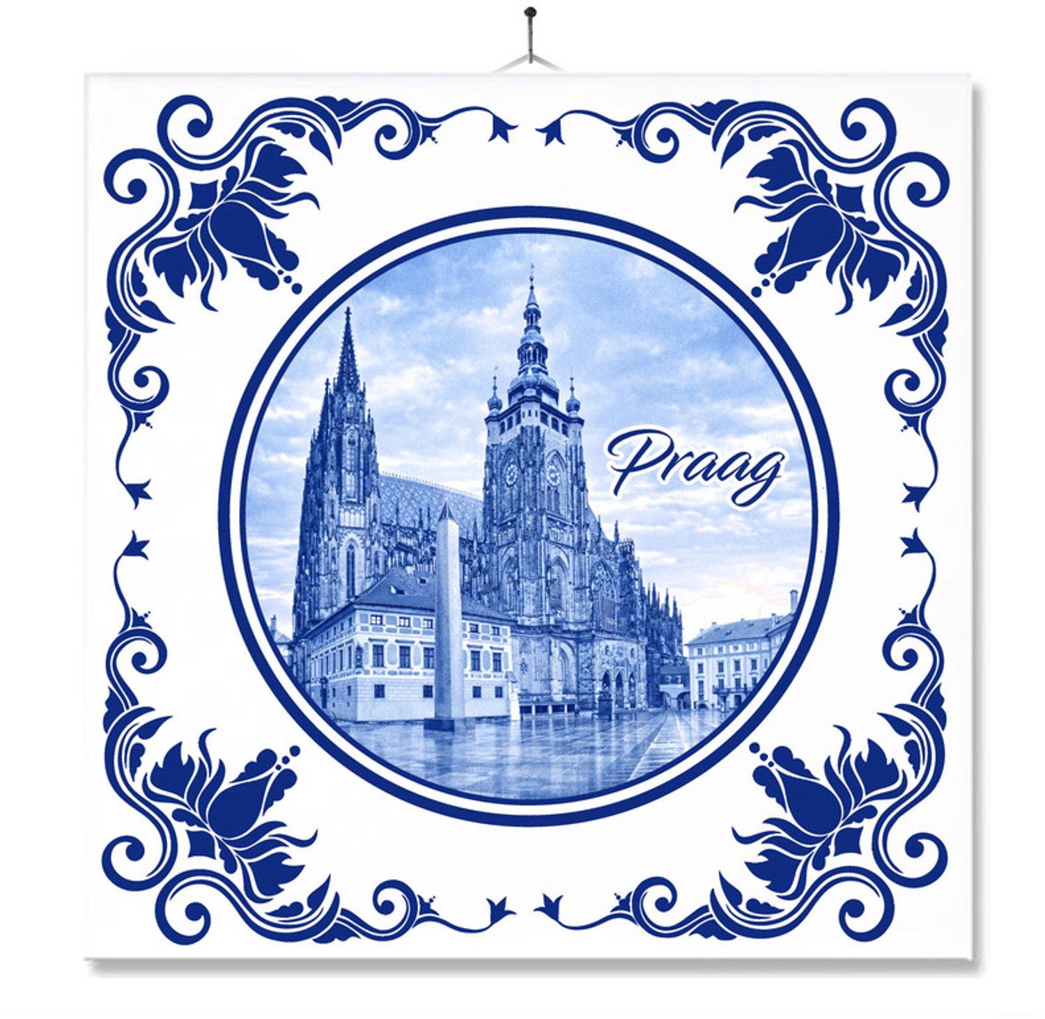 MC Living Tegel Met Opdruk | Praag | Delft Blauw | Cadeau | Inclusief Geschenkdoos | Standaard | Ophangsysteem Ontwerp 2