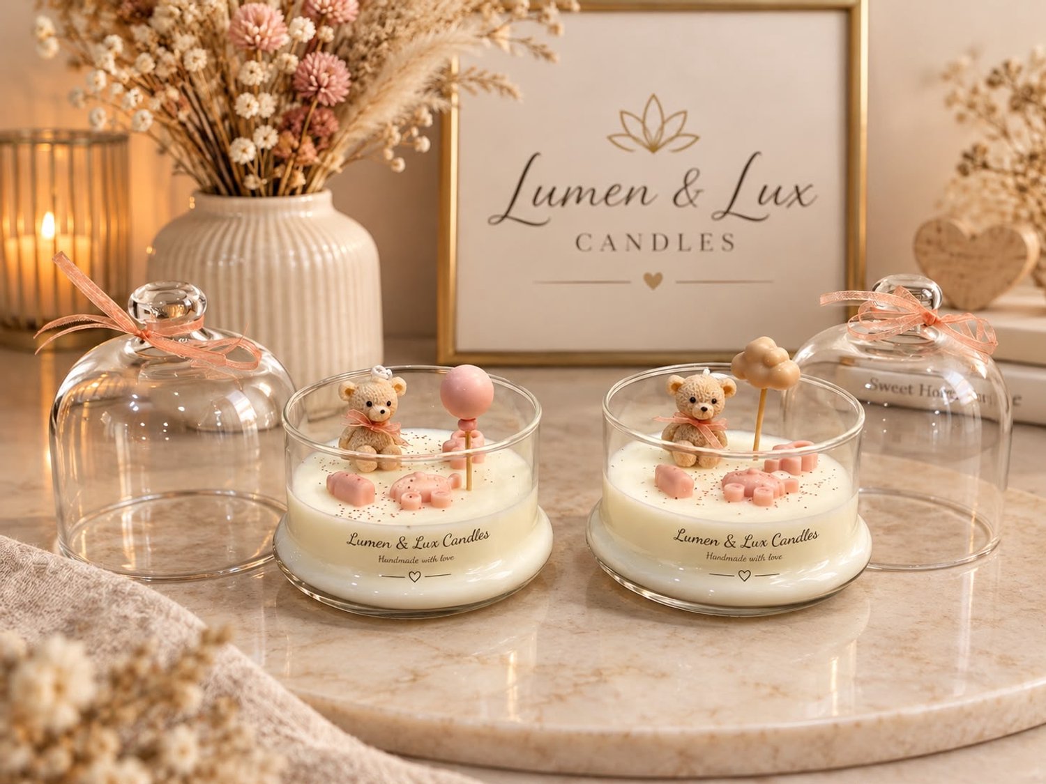 Lumen and Lux Candles Lumen & Lux Handgemaakte Sfeerkaars met Schattig Beertje en Glazen stolp – Cadeaukaars – Handgemaakt met Liefde – Luxe Decoratie Ivoor, bruin, roos