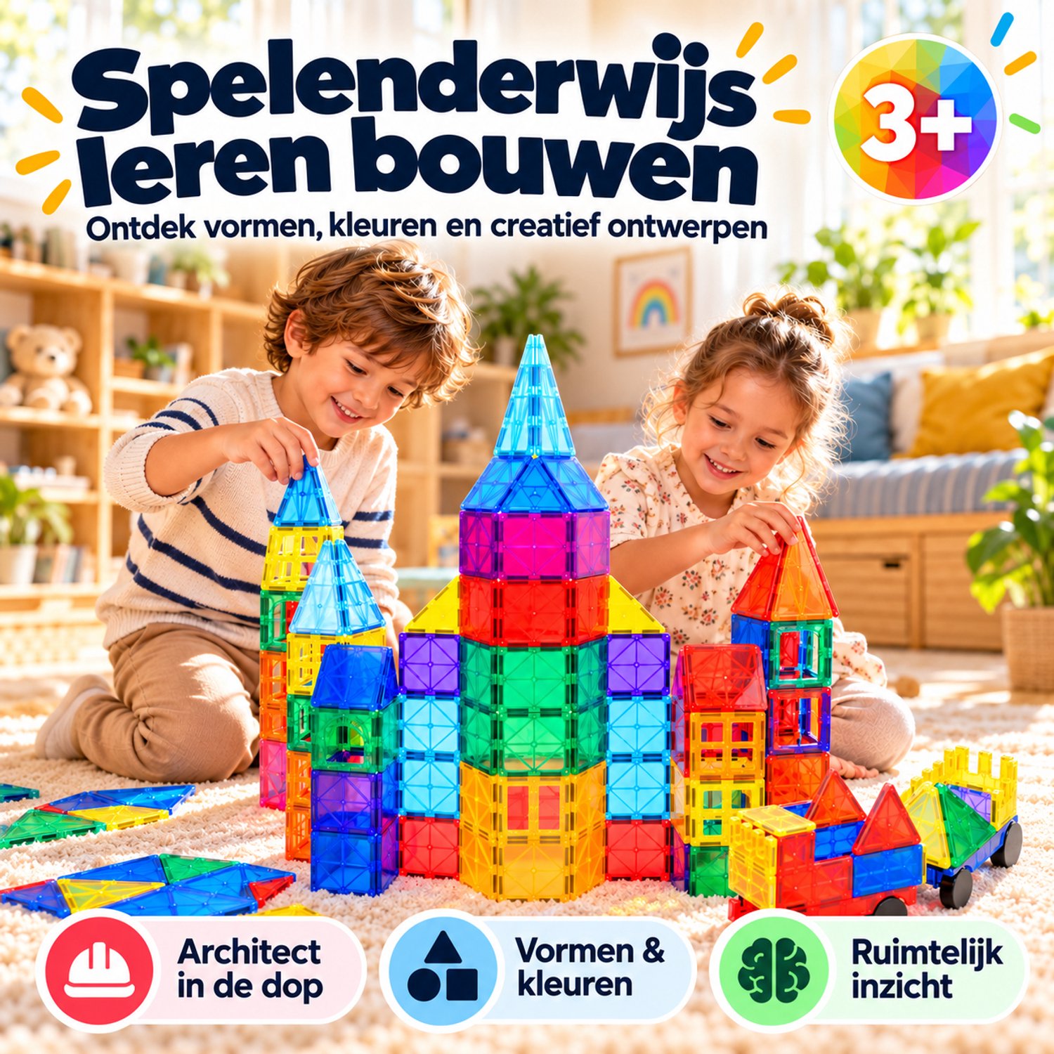 Magna Minds - Magnetic Tiles- Magnetisch Speelgoed – 180 stuks - Constructie speelgoed - Magnetische tegels - Montessori speelgoed - Magnetic toys - Magnetische bouwstenen - Speelgoed Kinderen — afbeelding 9