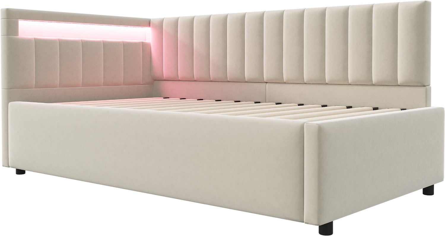 MUVANO Bedbank 90x200 - bedbank met LED-verlichting - hydraulische opbergruimte - fluwelen bekleding - lattenbodem - voor slaapkamer en logeerkamer, beige