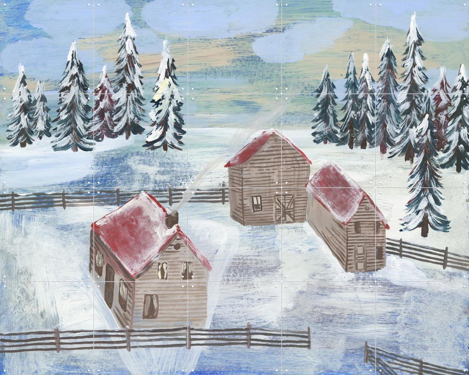 IXXI Paysage De Neige, Nathalie Lété - 100 x 80 cm - Grote wanddecoratie en posters - Schilderijen, Woonkamer, Winter, Sneeuw Blauw
