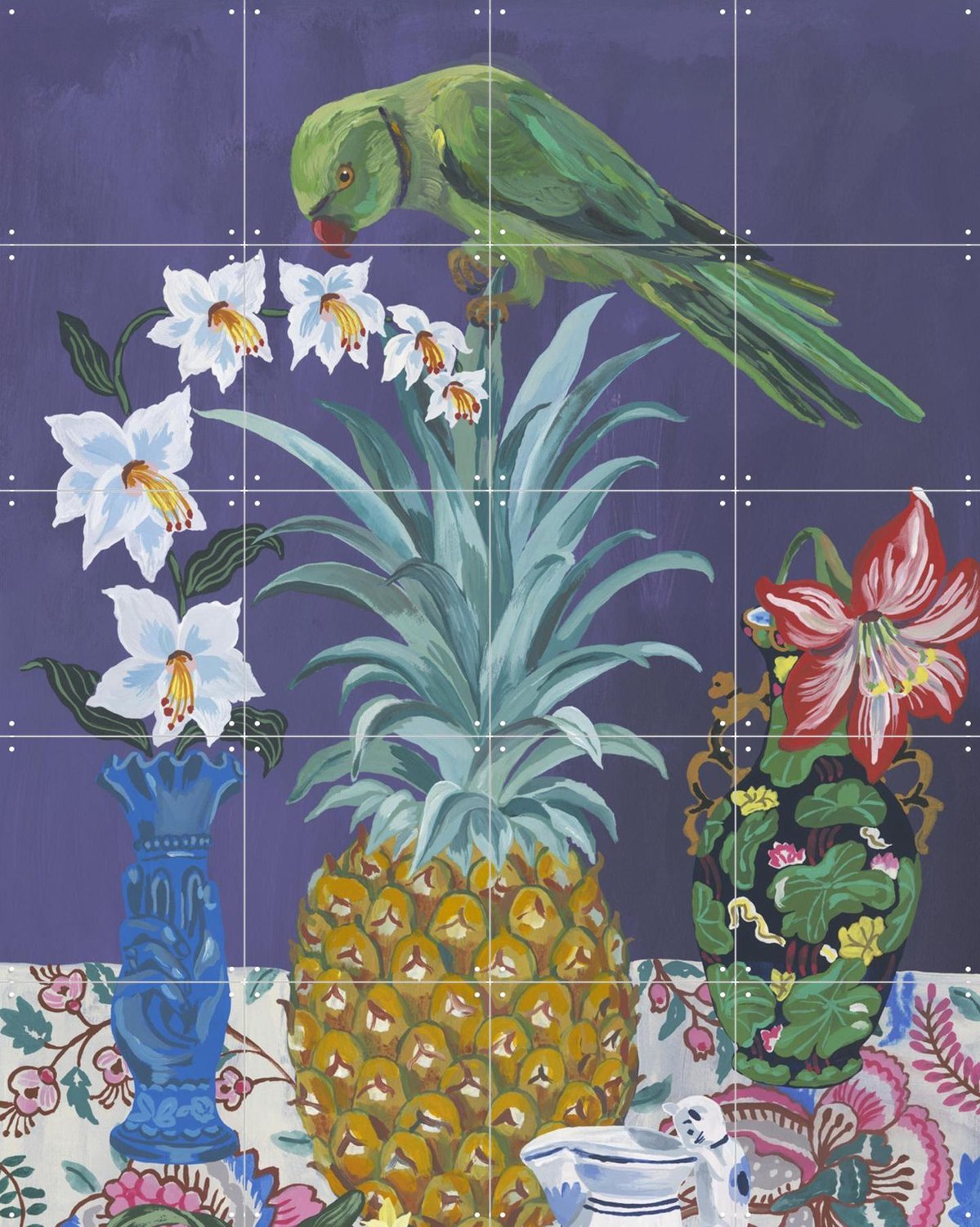 IXXI Le Perroquet Et L'ananas, Nathalie Lété - 80 x 100 cm - Grote wanddecoratie en posters - Schilderijen, Kleurrijk, Eetkamer, Woonkamer, Fruit Paars / Groen
