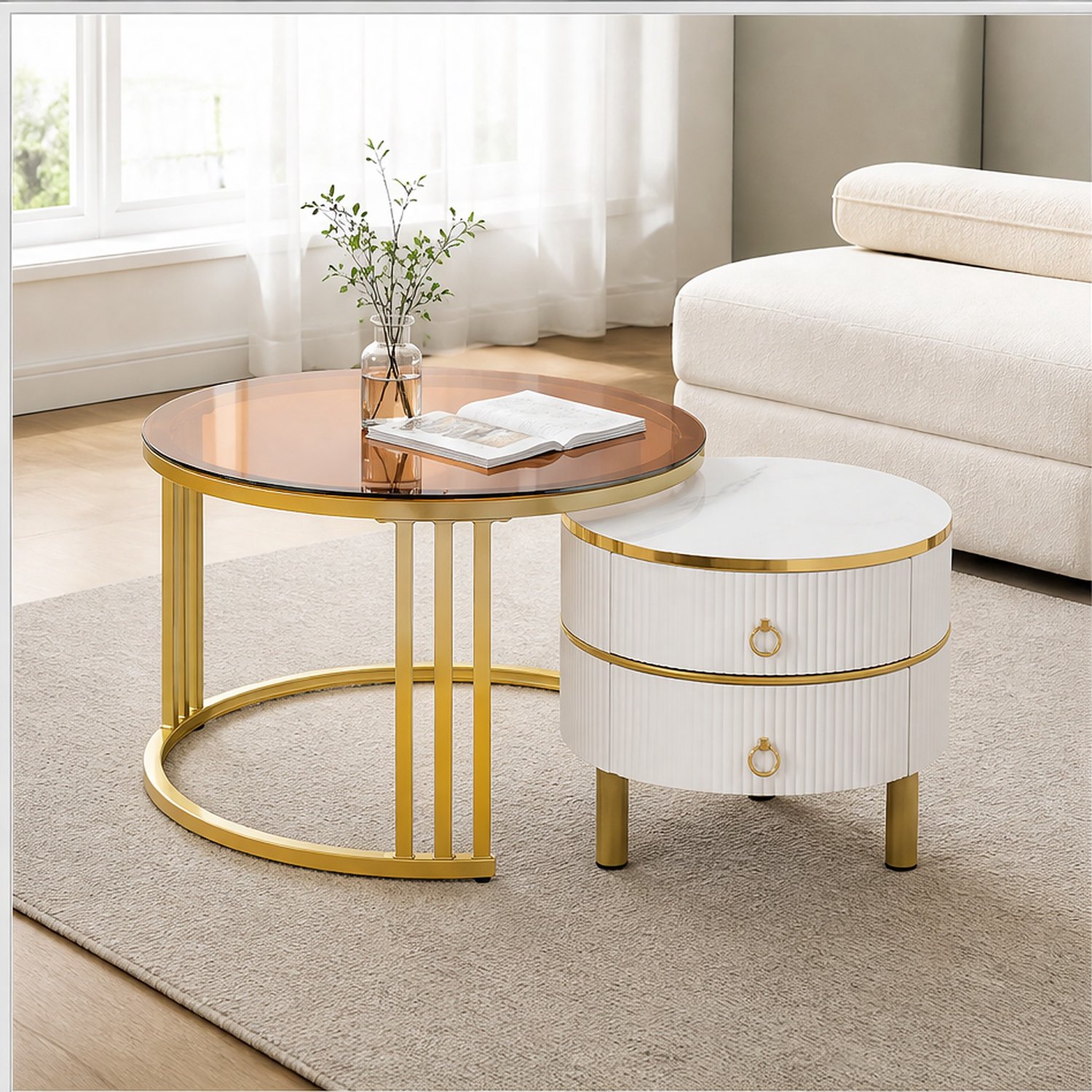 City long dragon LONG DRAGON - Salontafelset - 2-delig rond - wit MDF en bruin gehard glas, 70 cm en 50 cm, met 2 lades