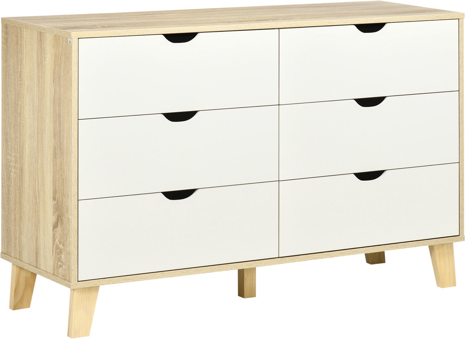 Lunpog Ladekast voor de slaapkamer - brede ladekast met 6 lades - opbergladekast met houten poten voor de woonkamer - wit en lichtbruin Eikenhout