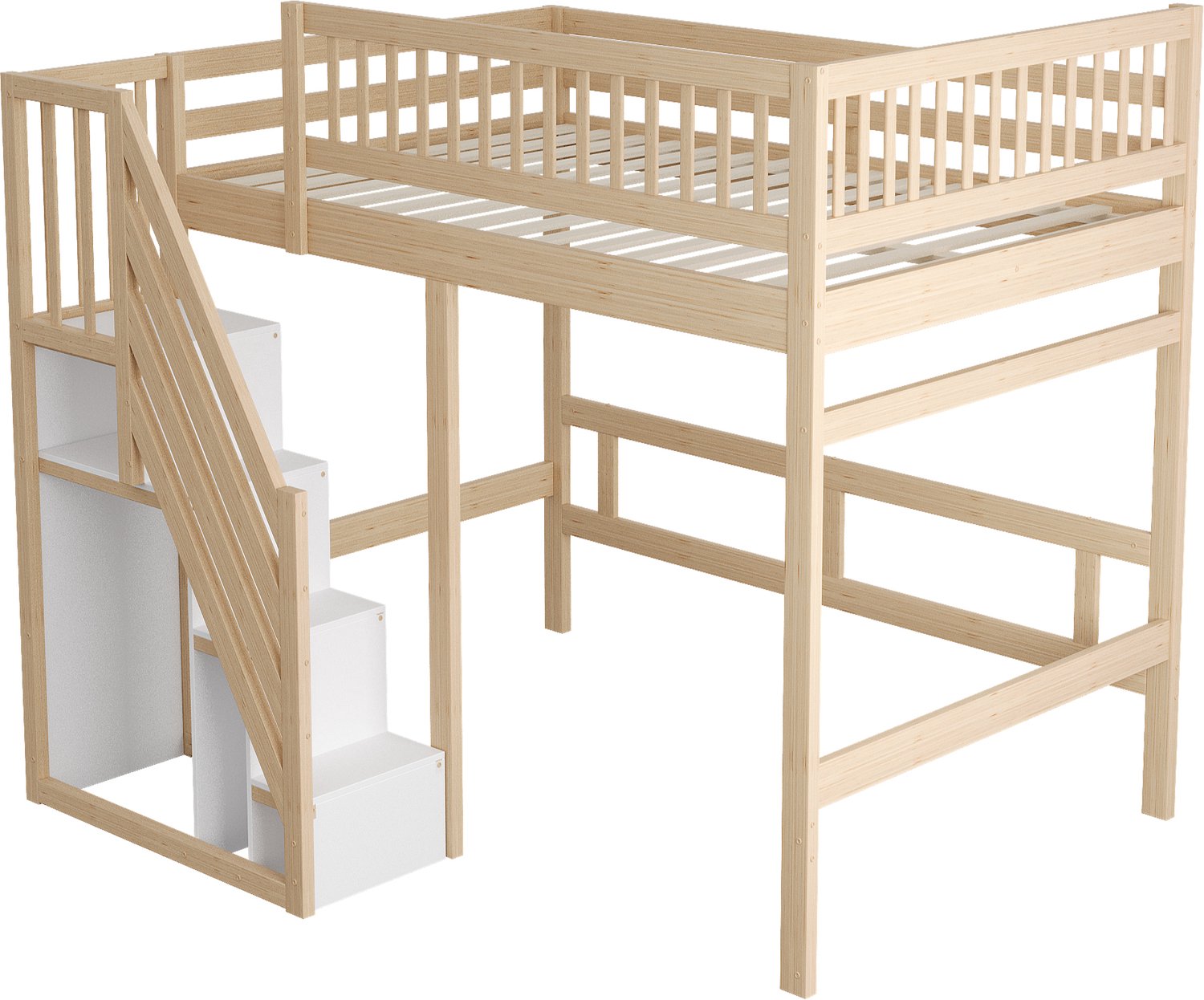 MUVANO Massief houten kinderbed 140x200 cm - hoogslaper met opbergtrap, hoge reling en ruimte voor bureau eronder - naturel hout voor kleine slaapkamer