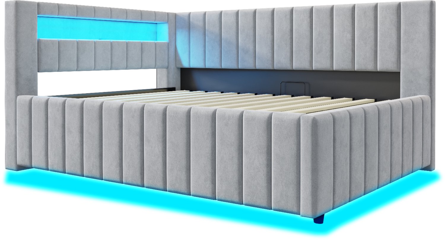 MUVANO Gestoffeerd bed 140x200 cm - bed met hydraulische opbergruimte en ledverlichting - grijs fluwelen bed met USB-aansluiting voor slaapkamer