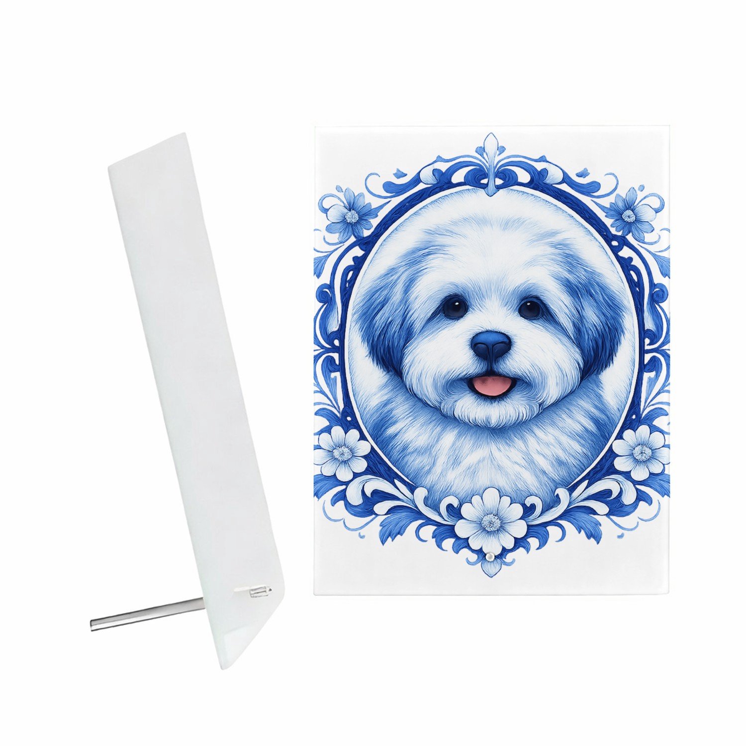 Mr Cadeautjes Glazen fotopaneel Een frontaal kattenportret met een elegante botanische omlij - 15 x 20 cm, staand - glas, decoratie, wanddecoratie | cadeau Wit