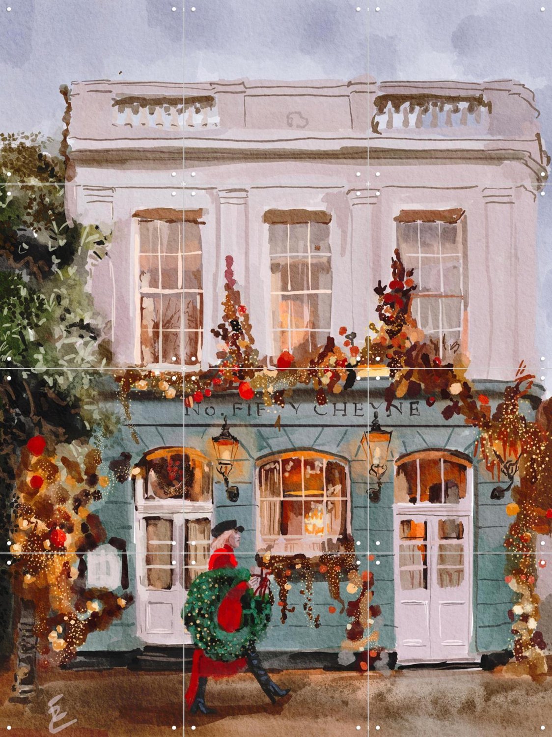 IXXI London Festive Streets, Ekaterina Zagorska - 60 x 80 cm - Grote wanddecoratie en posters - Schilderijen, Gang, Woonkamer, Seizoensgebonden Blauw