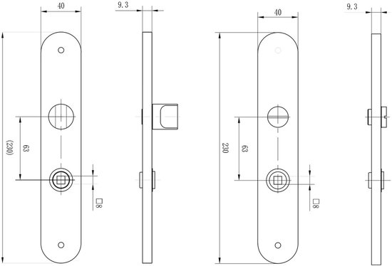 Technische tekening van een ovaal deurschild met een breedte van 40 mm en een afstand van 63 mm tussen de gaten.