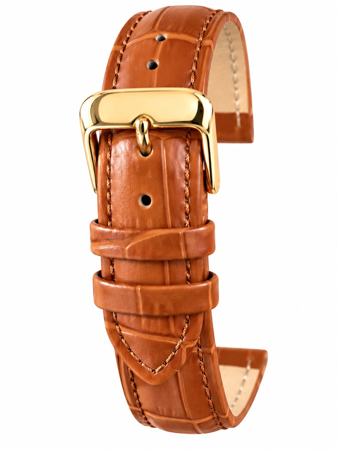 Horlogeband-Horlogebandje-14mm-Bruin-Echt leder-Gevuld-leer-Plat-Zacht-Soepel-Croco Print-Gestikt-Goudkleurige Gesp-14 mm