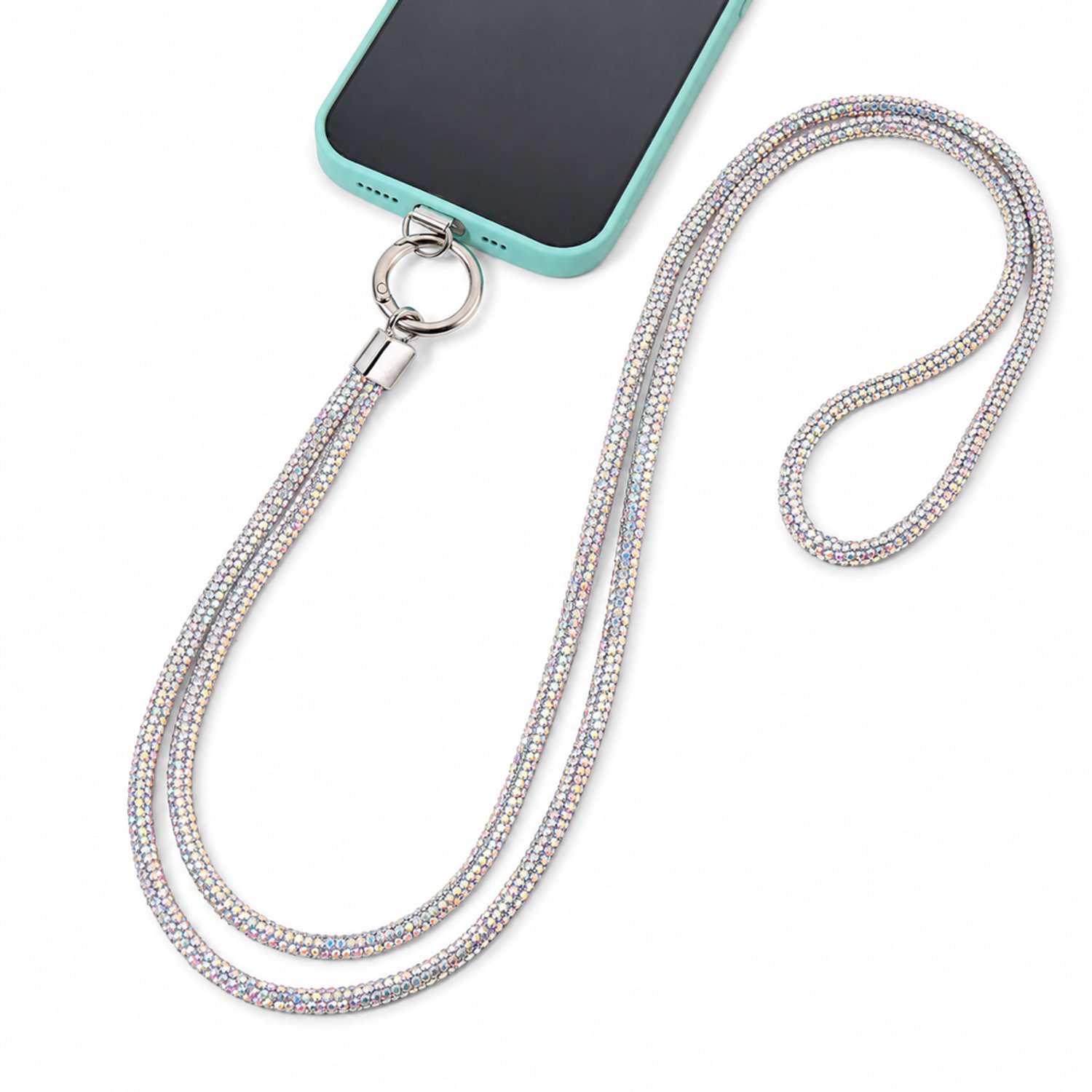 Telefoonkoord voor crossbodygebruik met veelkleurige sierstenen, dun koord, metalen ringsluiting en bevestigingsplaatje, individueel verpakt