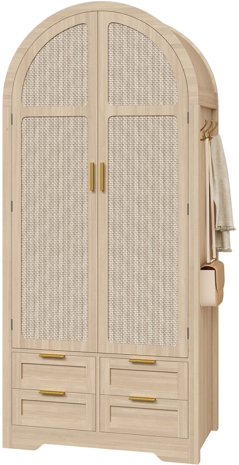 Kledingkast met gebogen deuren en rotandetails, kledingroede en lades, 80 x 50 x 180 cm, MDF, eikenkleur