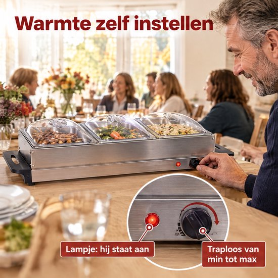 Levano Warmhoudplaat Elektrisch - Buffetwarmer met 3 Bakken - Warmhoudbakken met Deksel - Chafing Dish Elektrisch - Bordenwarmer - Eten Warm Houden - Cateringschaal met Deksel - Warmhoudschalen - Warmhouders Buffet - Catering - Verjaardag — afbeelding 3