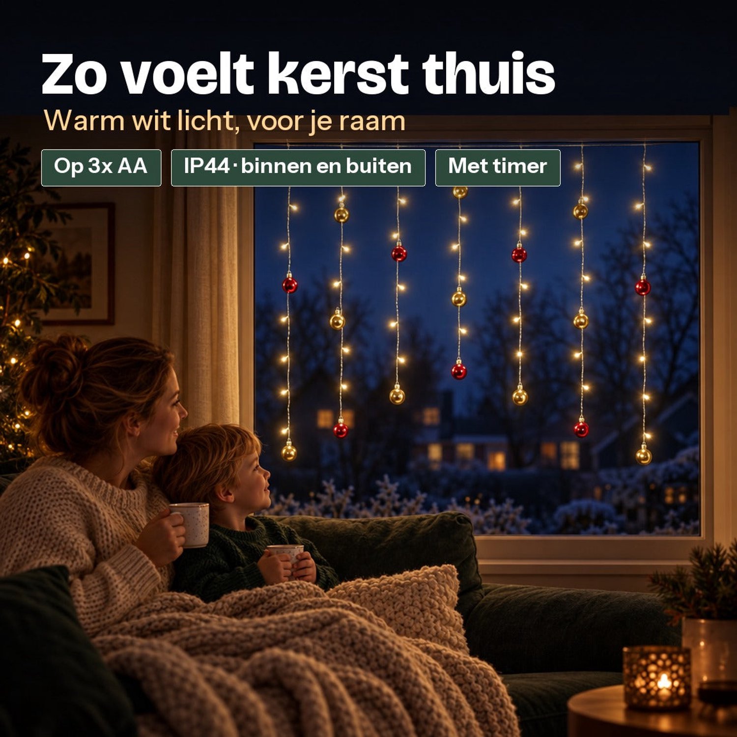 Levano Kerstverlichting Buiten - Lichtgordijn met Kerstballen - Kerstversiering - Kerstverlichting op Batterijen - Kerstlampjes - Raamverlichting Kerst - LED Gordijn - Kerstdecoratie Raam - Warm Wit - Timer - 74 LED - Sfeerverlichting - IP44 – foto 2