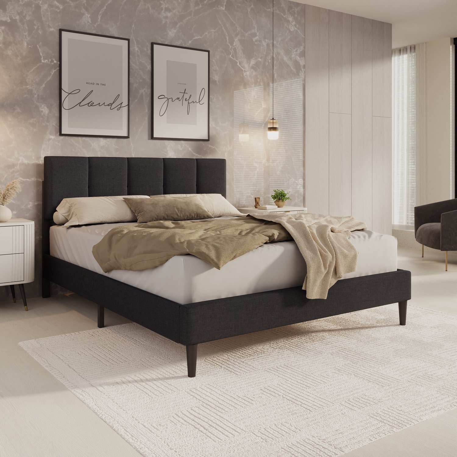 MEUBELLA Varell - Tweepersoonsbed - Stof zwart - 160x200 cm