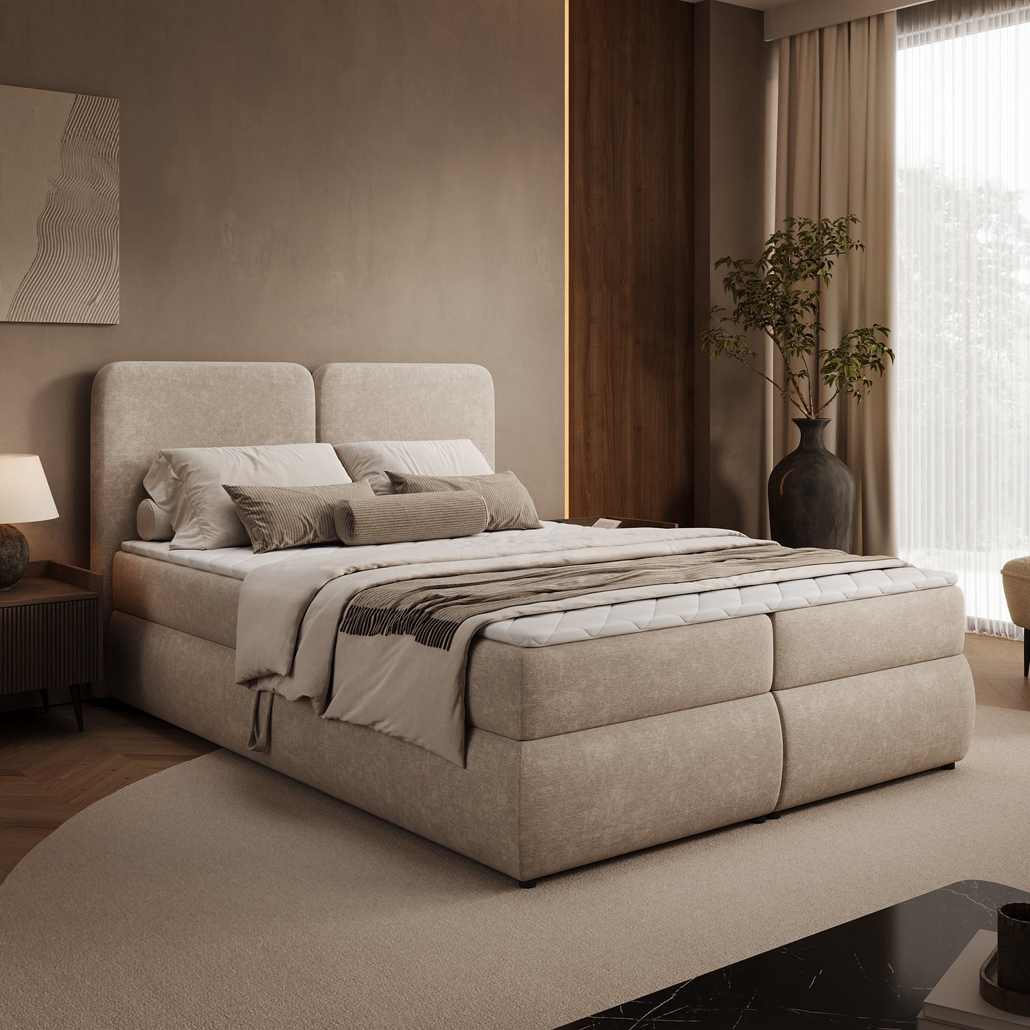 MEUBELLA Novu - Boxspring met opbergruimte - Stof beige - 140x200 cm
