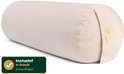 Cilindervormige crème-kleurige yogabolster met goudkleurig veerlogo en label 'Inclusief e-book 6 houdingen'.
