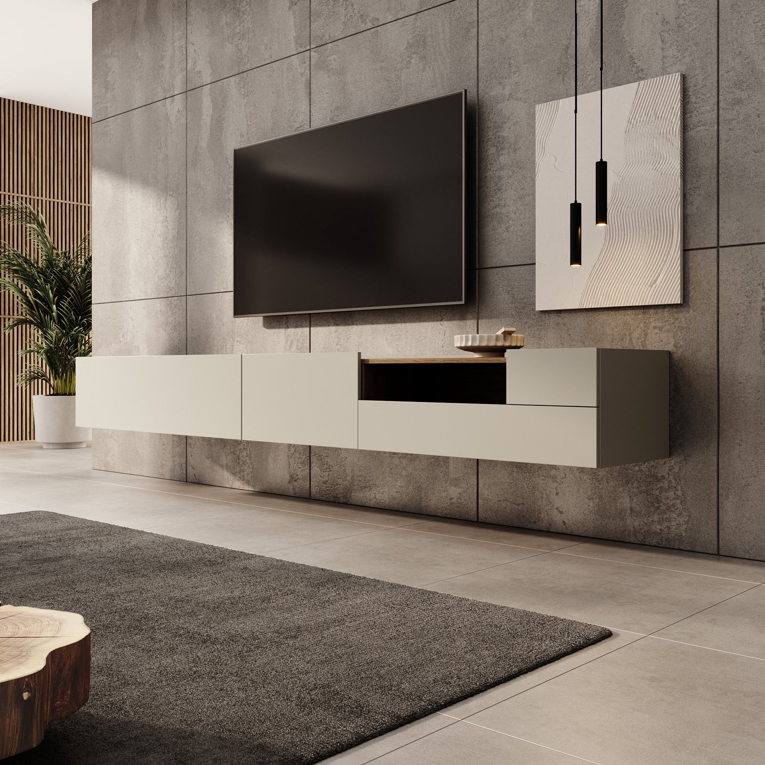 MEUBELLA Lavar - TV-meubel - Grijs/Eiken - 269x41x32 cm Bruin|Grijs