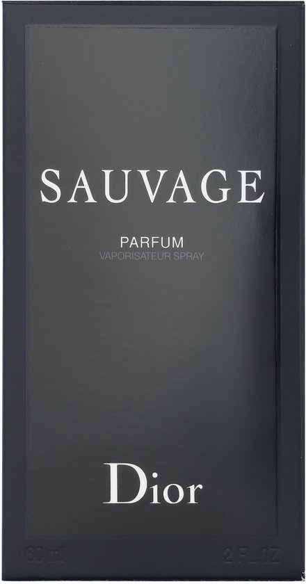 Zwarte rechthoekige doos van Dior Sauvage parfum, 60 ml, met witte tekst.