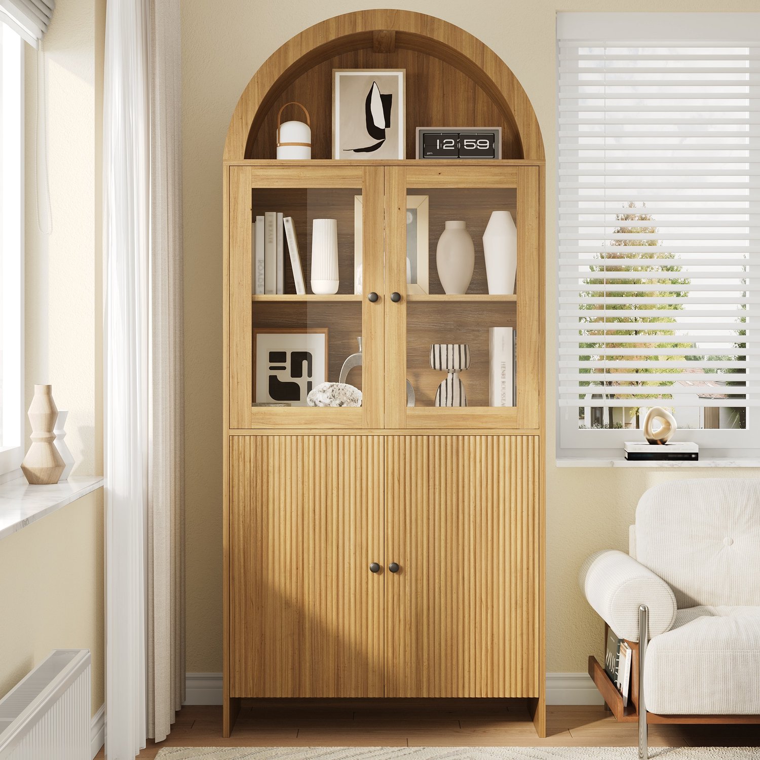 Welltin Vitrinekast 78 x 40 x 176 cm - afgeronde bovenkant - glazen deuren - gesloten opbergruimte - Naturel houtkleur Natuurlijk