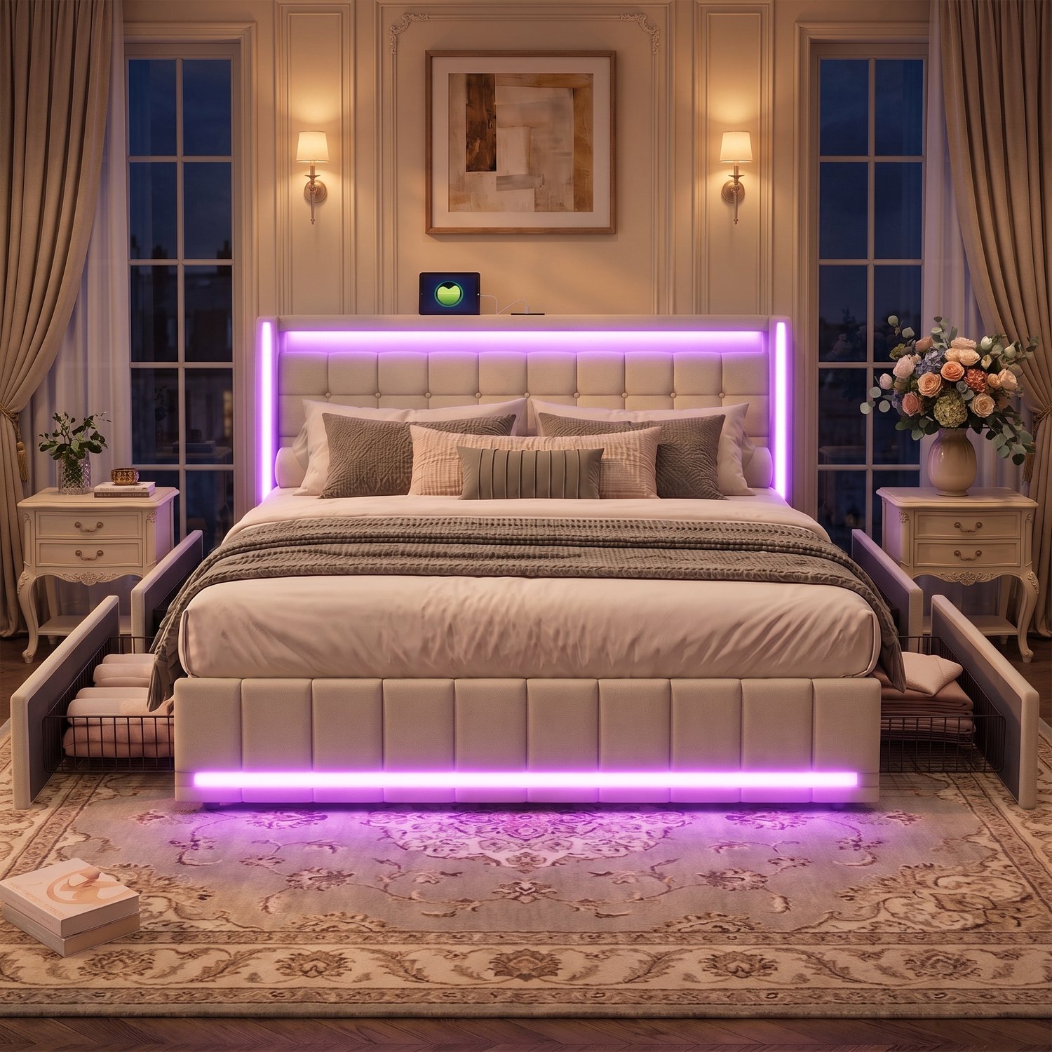 MEXUS Bed 140x200 cm met opbergruimte, tweepersoonsbed met 4 lades, opbergbed met ledverlichting en USB-poorten, bedframe met lattenbodem, linnen, Beige