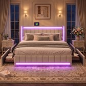 Bed 140x200 cm met opbergruimte, tweepersoonsbed met 4 lades, opbergbed met ledverlichting en USB-poorten, bedframe met lattenbodem, linnen, Beige