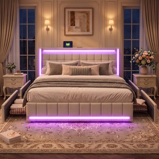 Beige tweepersoonsbed met paarse ledverlichting, vier opberglades en hoofdbord, in een elegante slaapkamer.