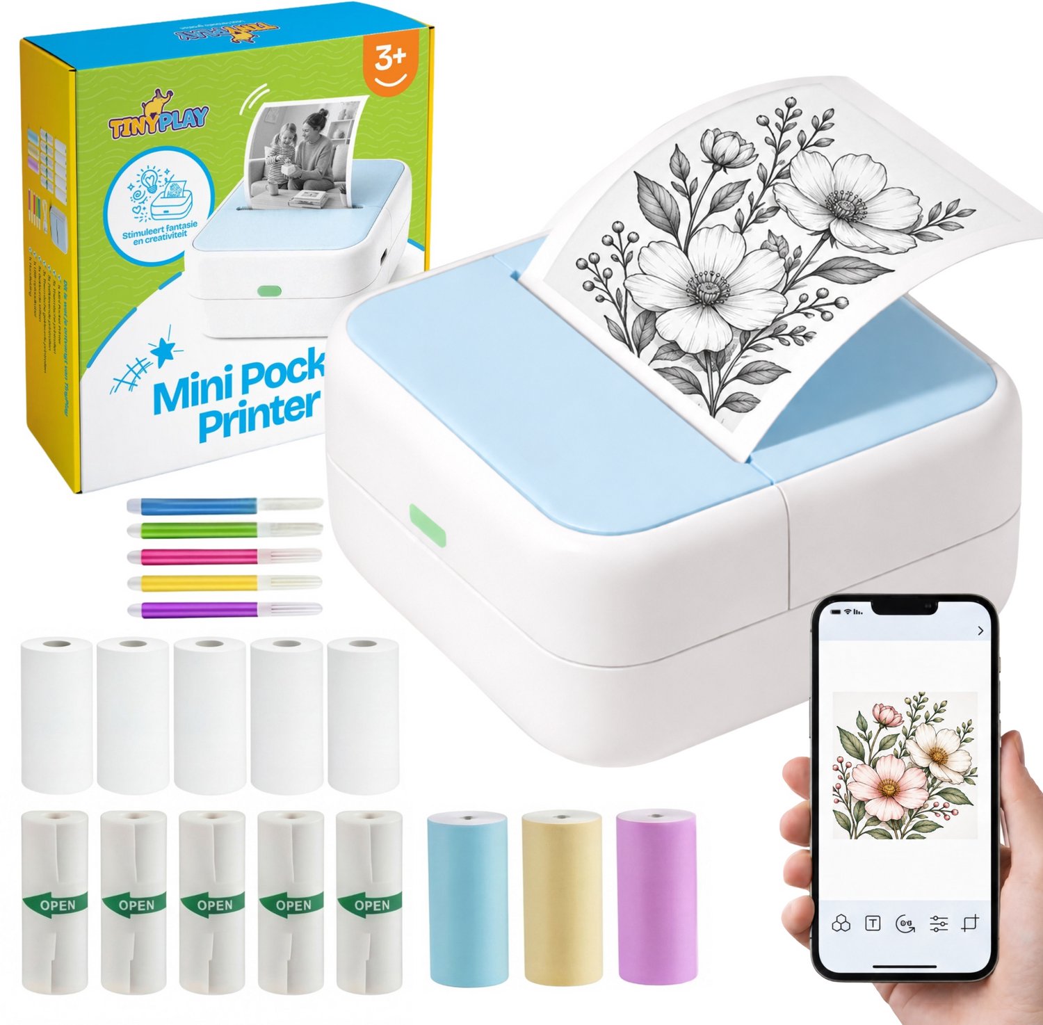 TinyPlay Mini Printer 300 DPI - Pocket Printer - 13 rollen papier in kleur, Sticker en wit - Mobiele fotoprinter - voor Smartphone - Thermische draagbare printer - Thermal miniprinter