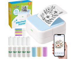 TinyPlay Mini Printer 300 DPI - Pocket Printer - 13 rollen papier in kleur, Sticker en wit - Mobiele fotoprinter - voor Smartphone - Thermische draagbare printer - Thermal miniprinter