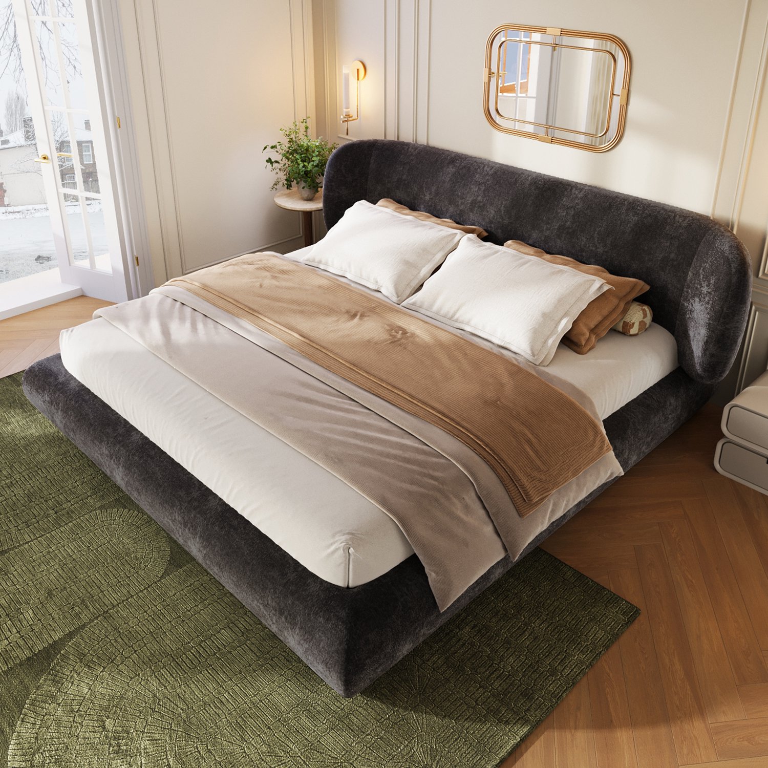 Vovtenza 140 x 190 cm tweepersoonsbed - gestoffeerd bed - kinderbed met lattenbodem en hoofdeinde - huidvriendelijke chenille - houten frame - Grijs(zonder matras)