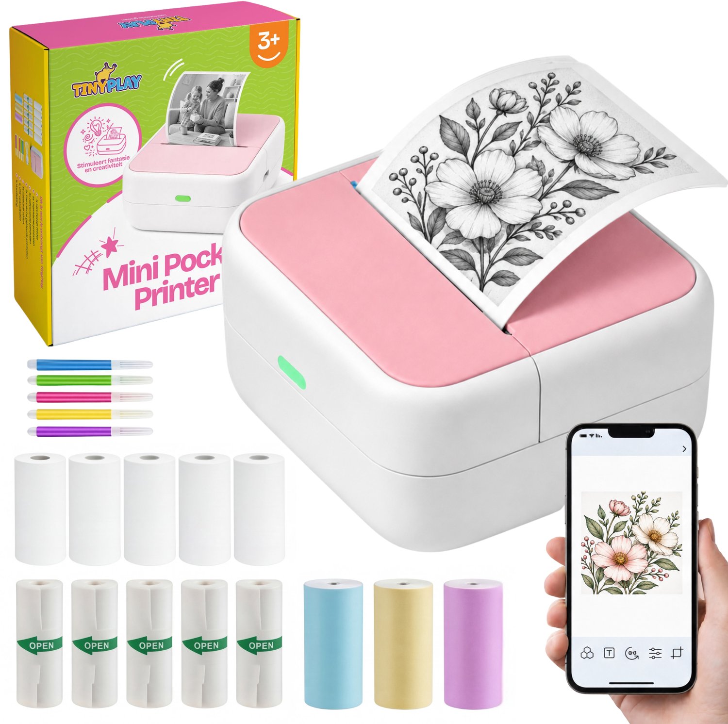 TinyPlay Mini Printer 300 DPI - Pocket Printer - 13 rollen papier in kleur, Sticker en wit - Mobiele fotoprinter - voor Smartphone - Thermische draagbare printer - Thermal miniprinter